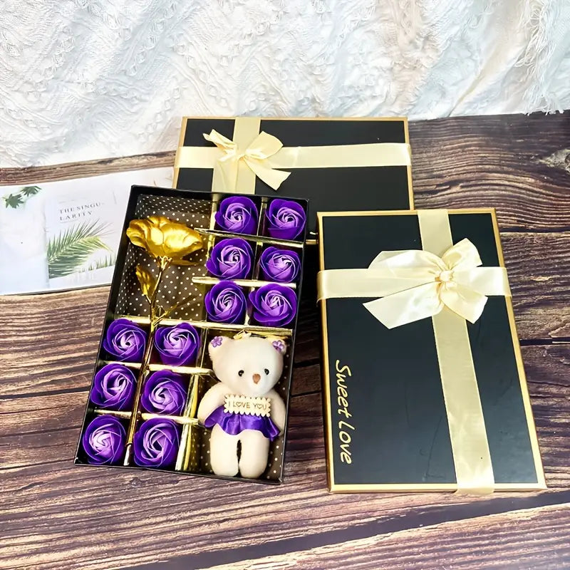 12 Rose Soap box with Teddy and Foil Rose - Luxe Custom Designer