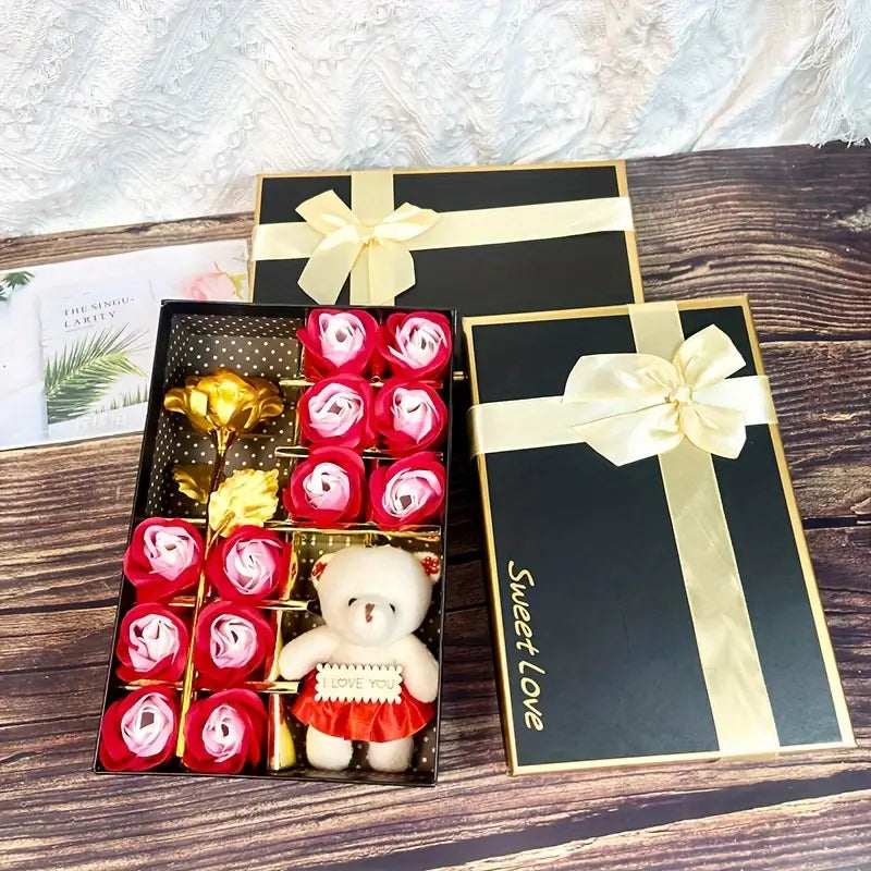 12 Rose Soap box with Teddy and Foil Rose - Luxe Custom Designer